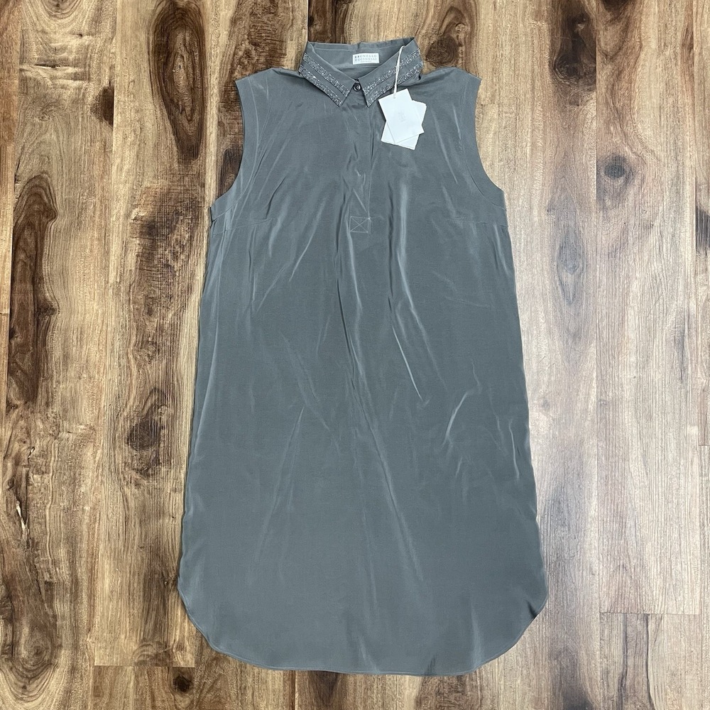 Brunello Cucinelli Sequin Collar Silk Sleeveless Dress Size Medium Made In Italy